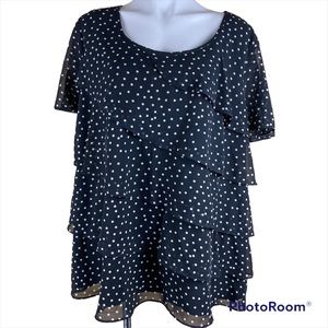 ROZALI 2 Layer Short Sleeve size 2X Black and White Polka Dot Ruffle Blouse